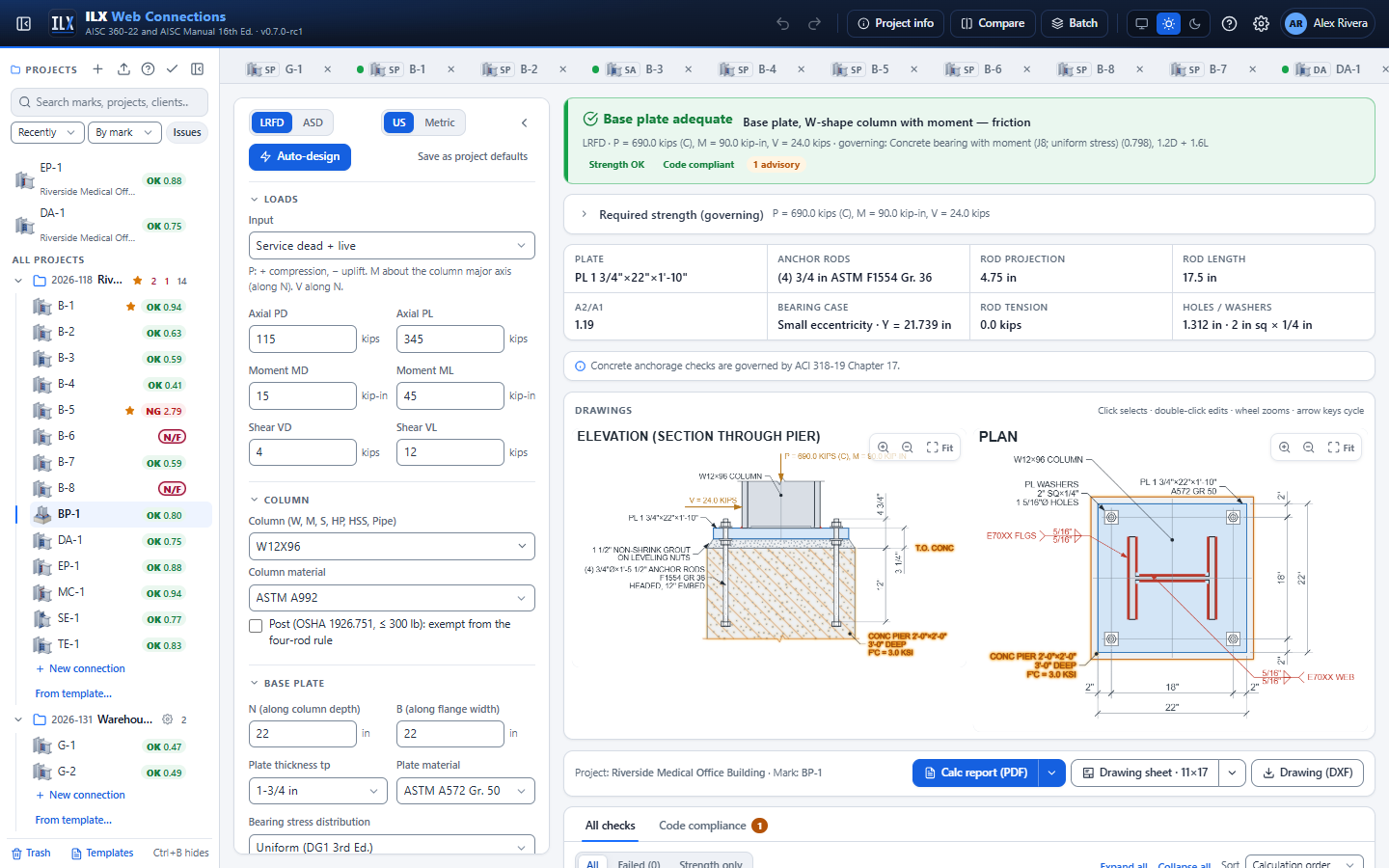 Base plate editor: inputs, status, drawings
