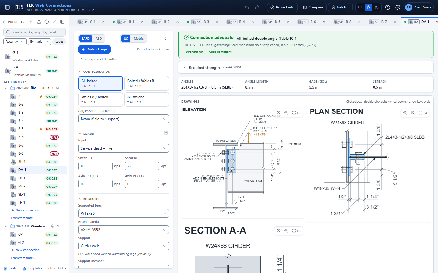 Double angle editor: inputs, status, drawings