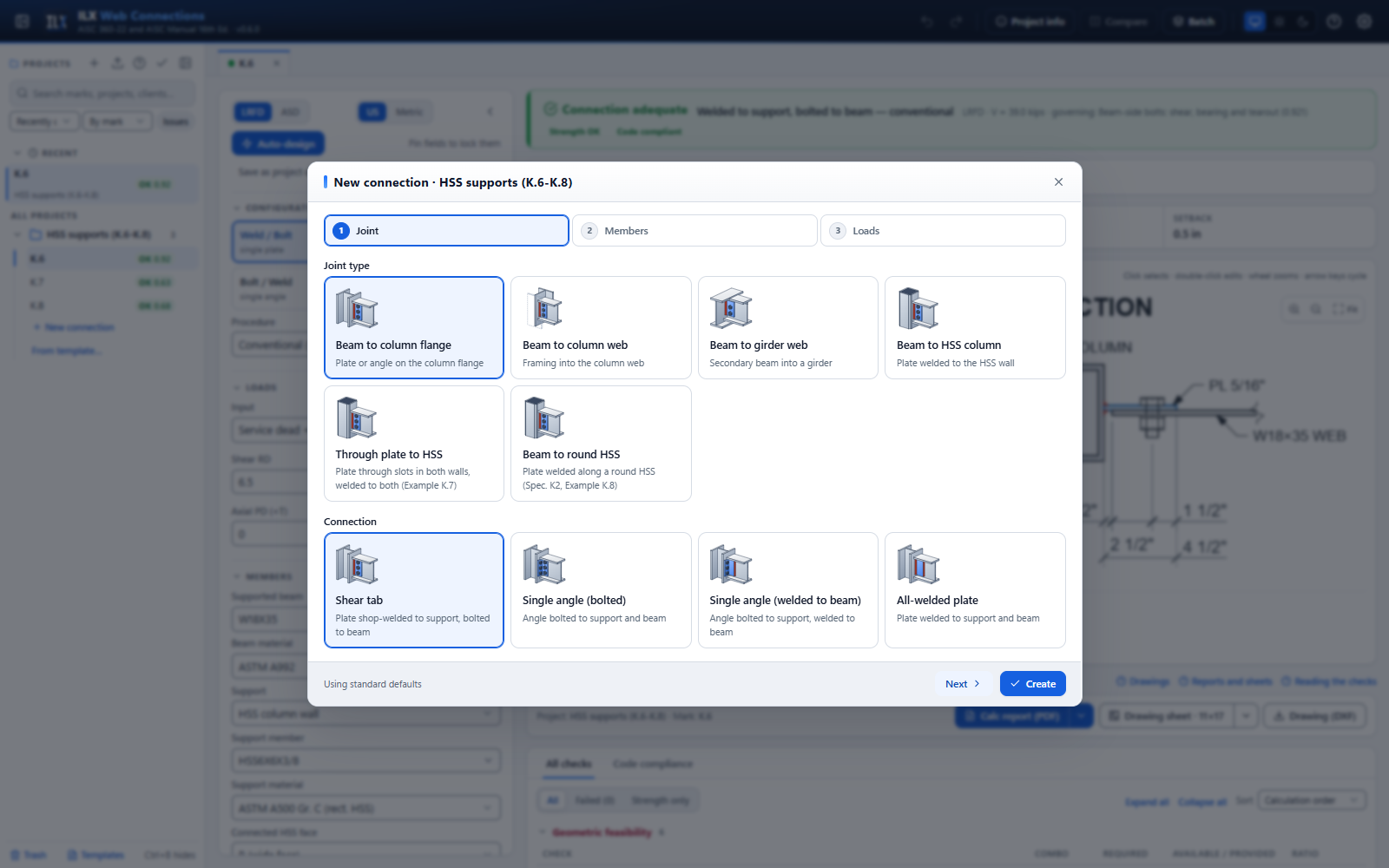 New-connection wizard with the three HSS joint types