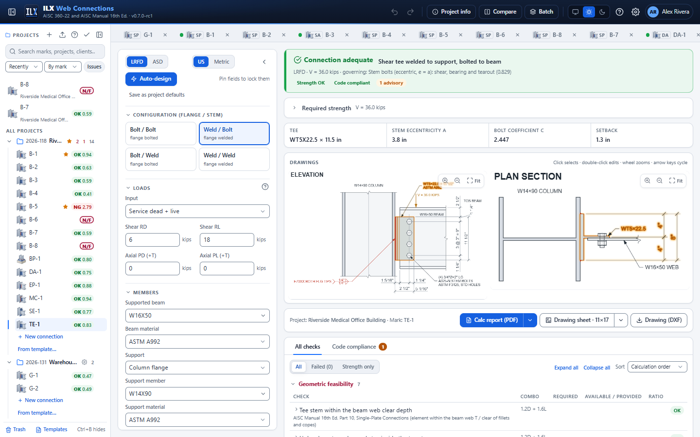 Shear tee editor: inputs, status, drawings