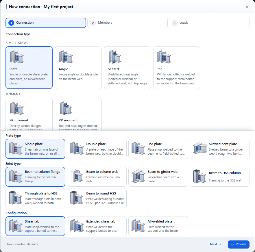 New connection wizard, step 1