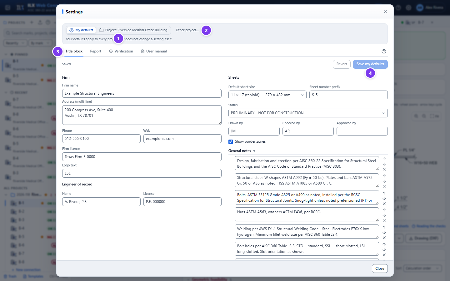 Settings, My defaults: title block