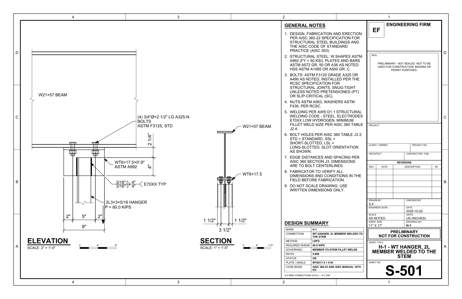 Hanger drawing sheet, 11 × 17