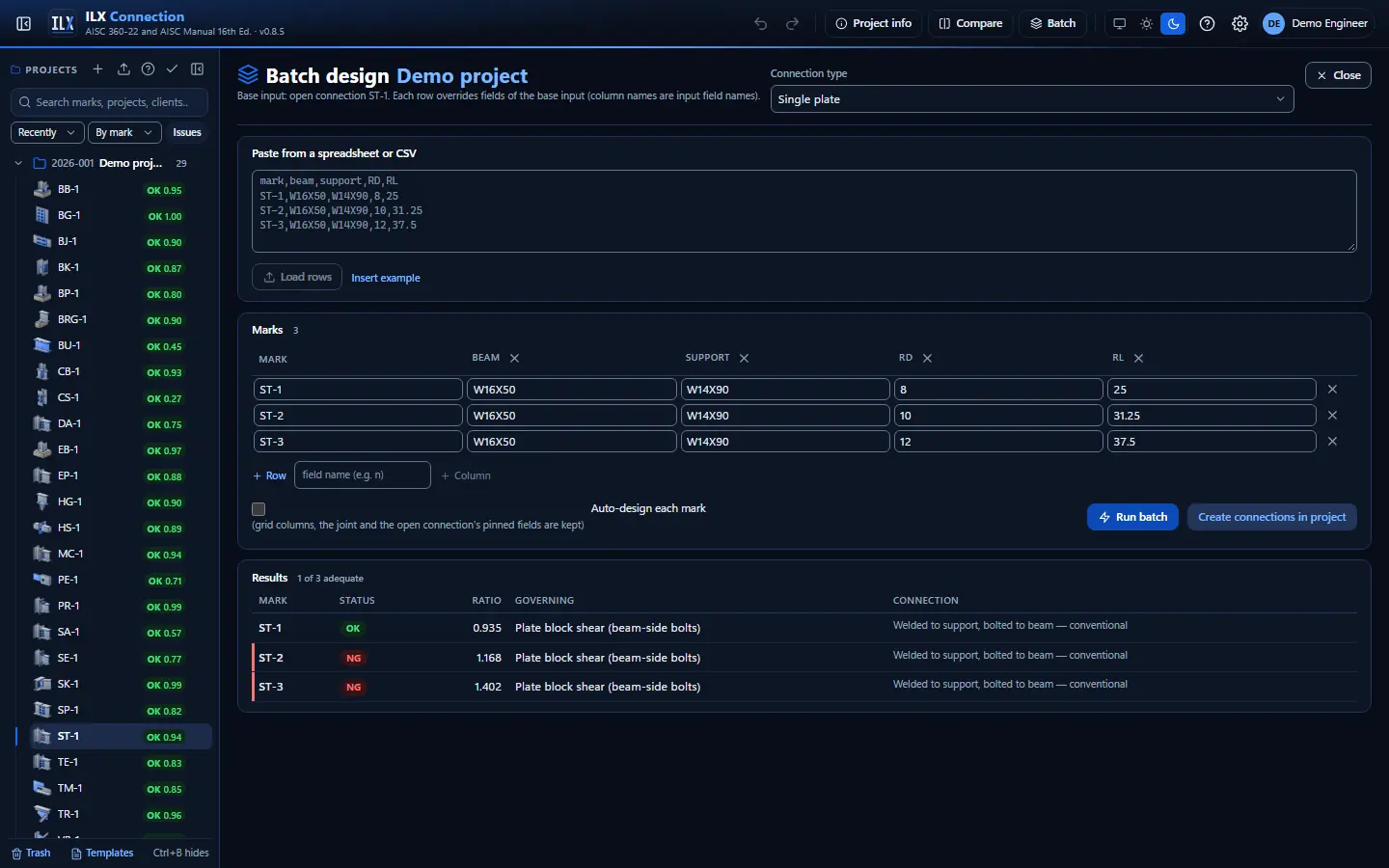Batch design: a pasted connection schedule with the result of every mark, dark theme