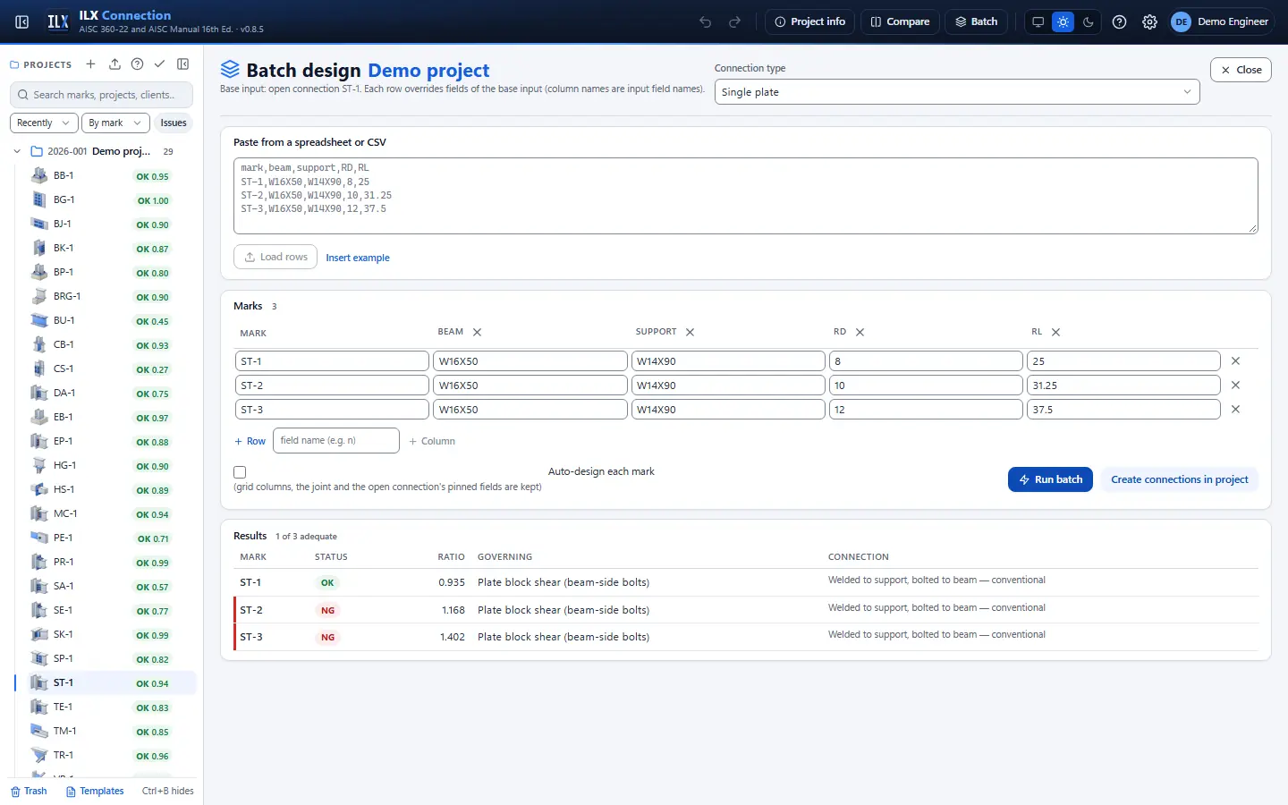 Batch design: a pasted connection schedule with the result of every mark