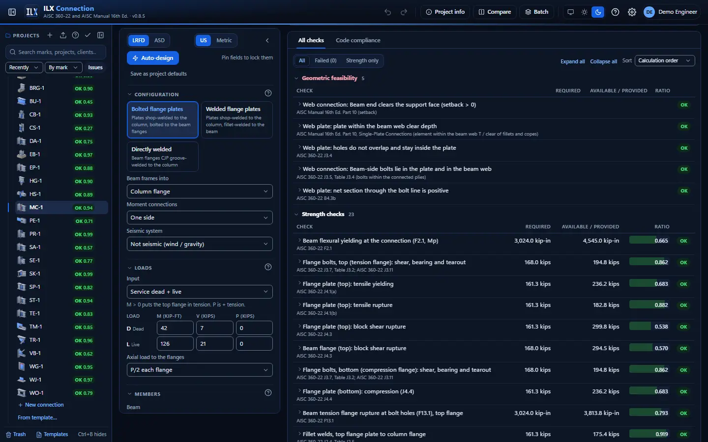 All checks of a moment connection with their ratios, references and the governing check, dark theme