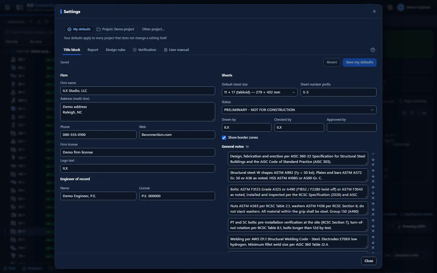 Settings: title block defaults with project overrides, dark theme