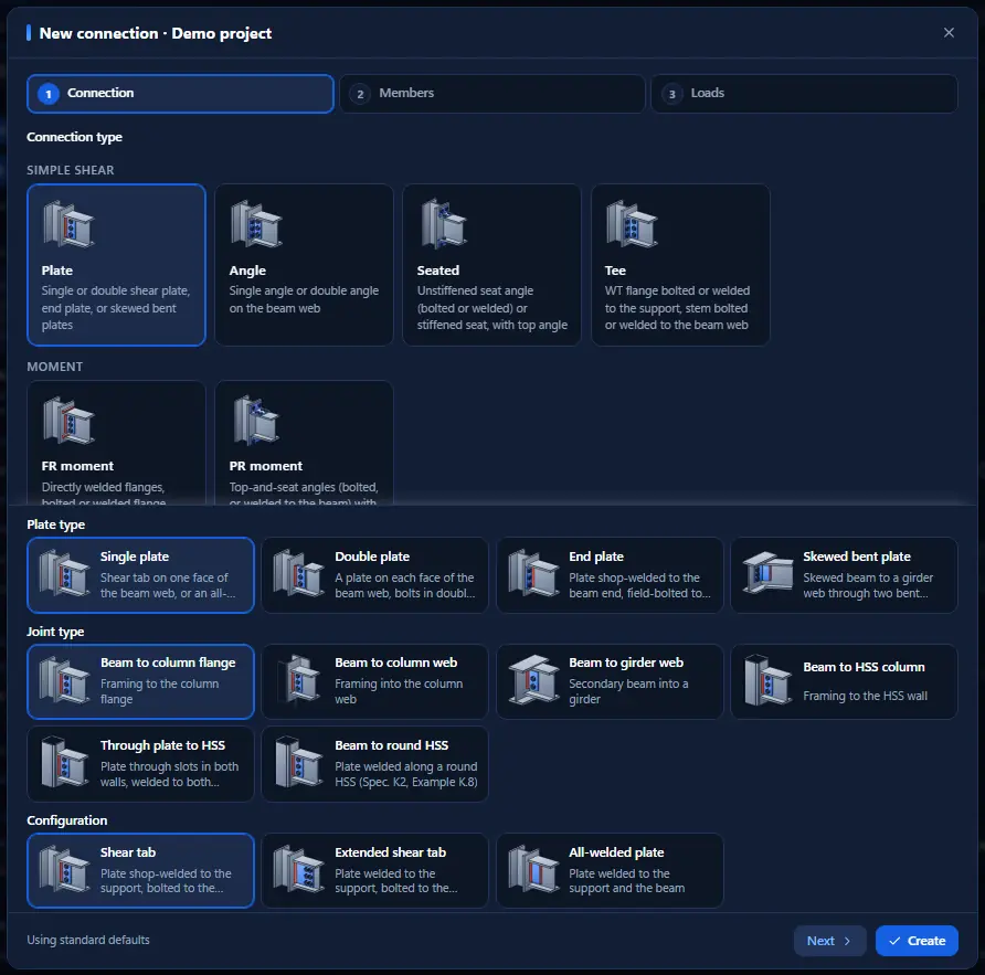 The new-connection wizard: connection families grouped as simple shear, moment, splices, bracing, bearing, column bases and calculators, dark theme