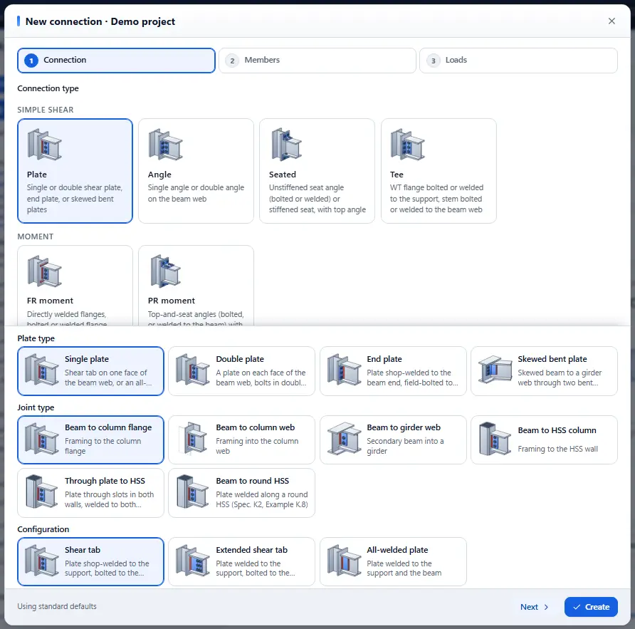 The new-connection wizard: connection families grouped as simple shear, moment, splices, bracing, bearing, column bases and calculators