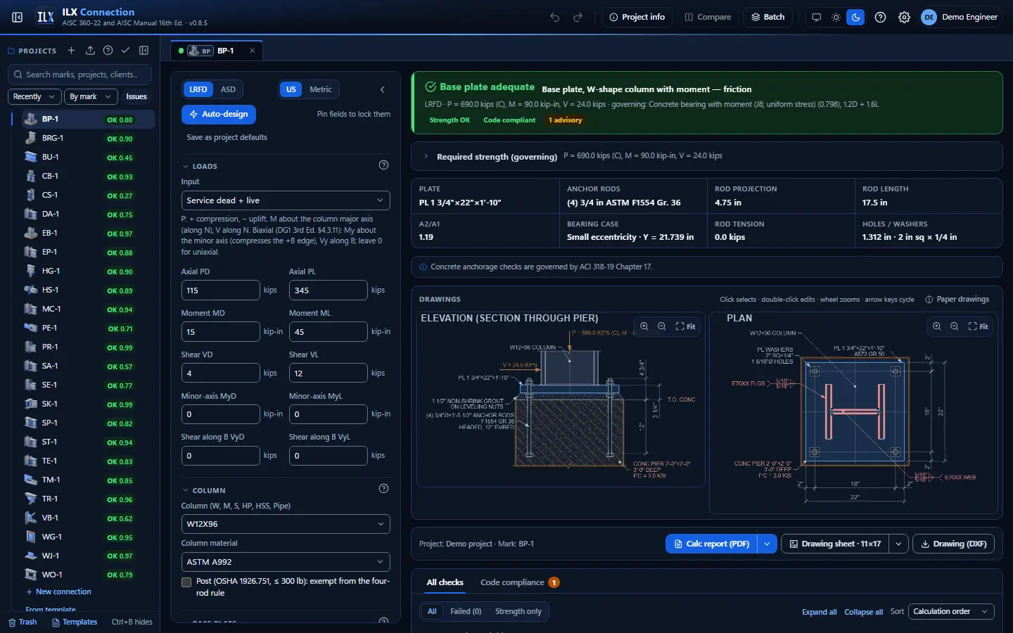ILX Connection editor for a column base plate connection (BP-1): inputs, design status, live checks and the connection drawing, dark theme