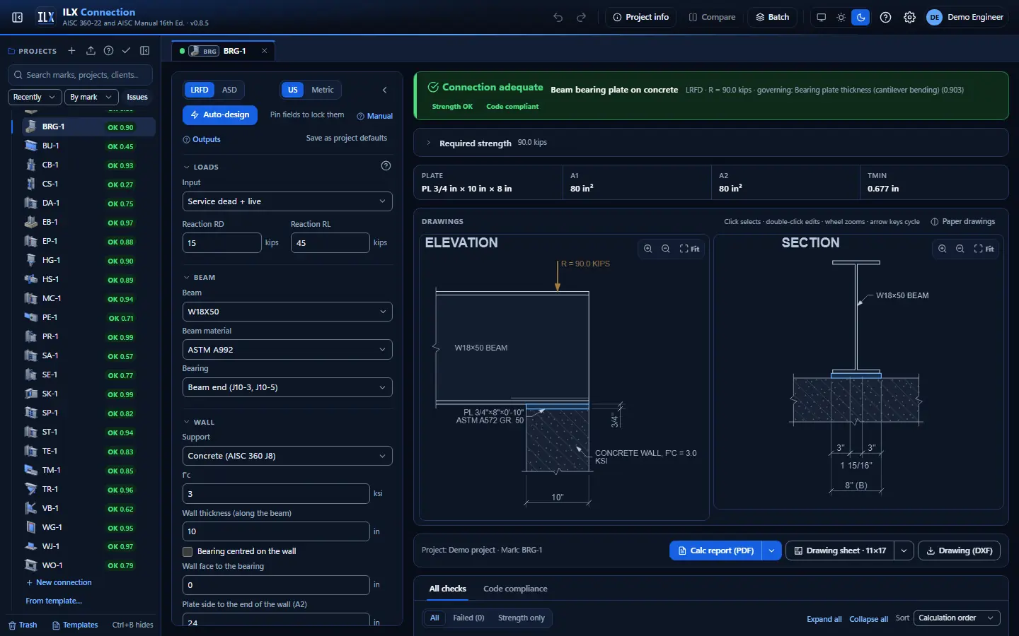 ILX Connection editor for a beam bearing plate connection (BRG-1): inputs, design status, live checks and the connection drawing, dark theme