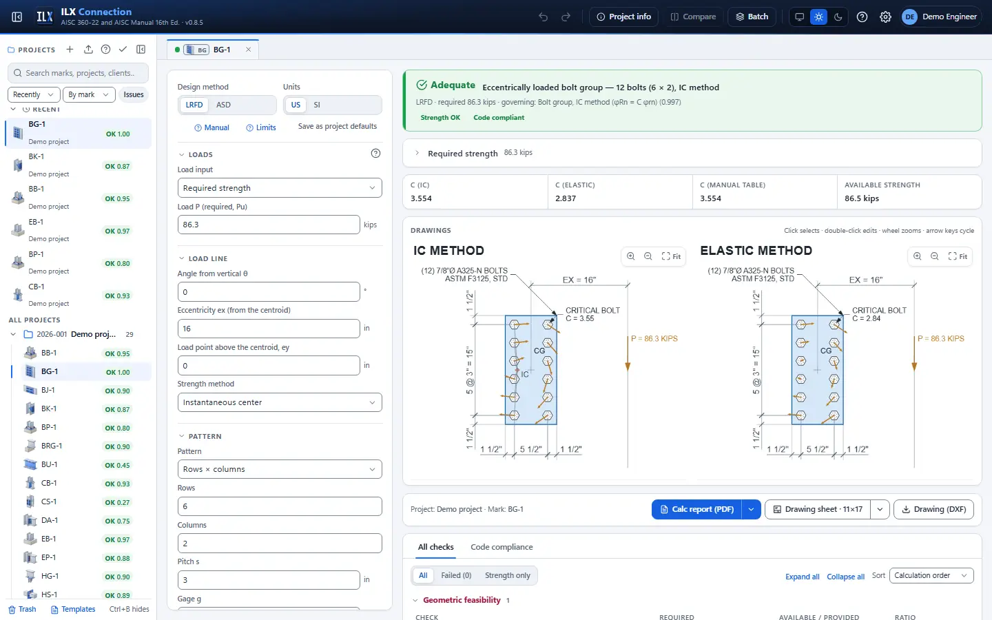 ILX Connection editor for a bolt group connection (BG-1): inputs, design status, live checks and the connection drawing