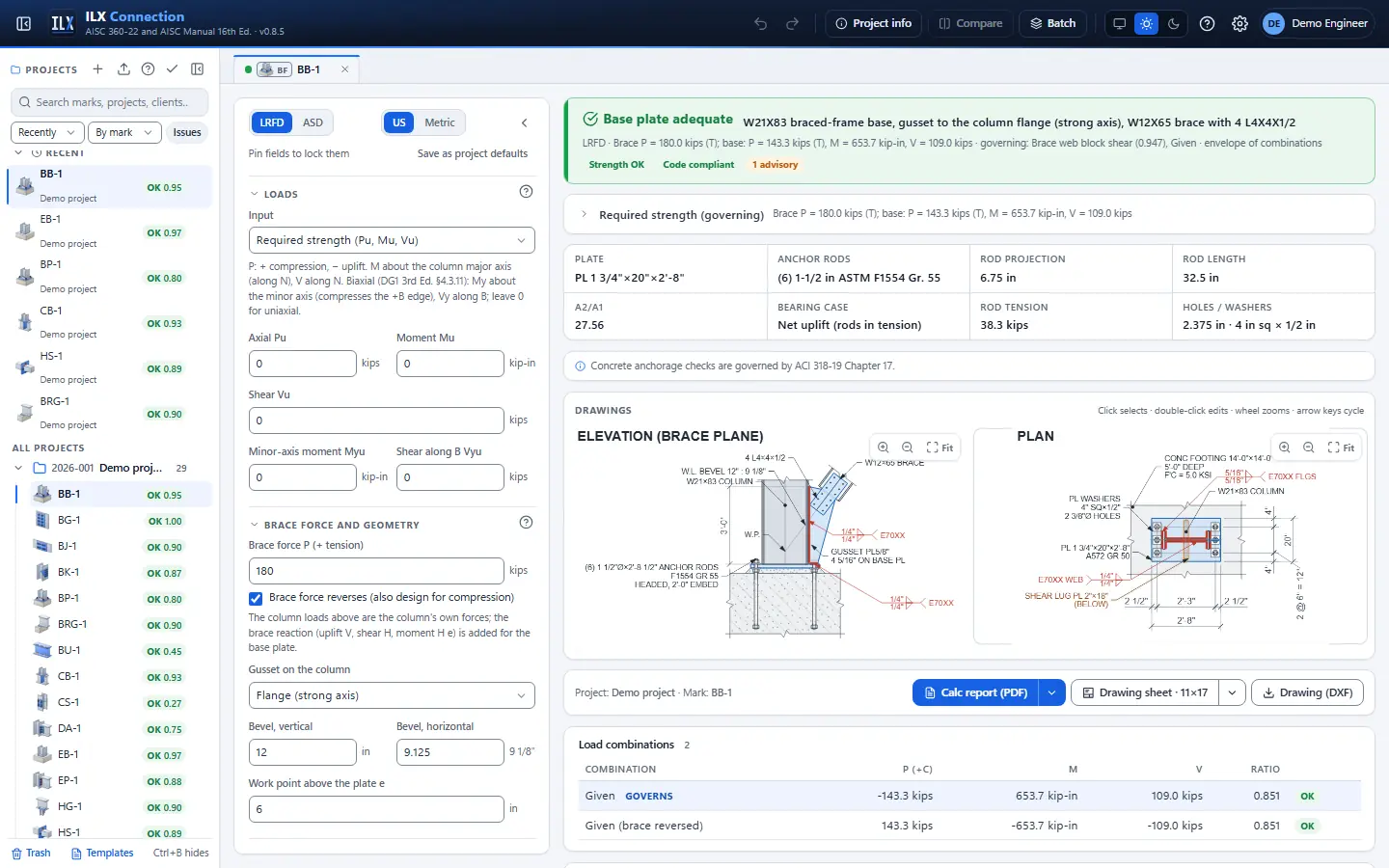ILX Connection editor for a braced-frame column base connection (BB-1): inputs, design status, live checks and the connection drawing