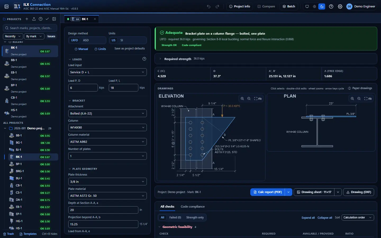 ILX Connection editor for a bracket plate connection (BK-1): inputs, design status, live checks and the connection drawing, dark theme