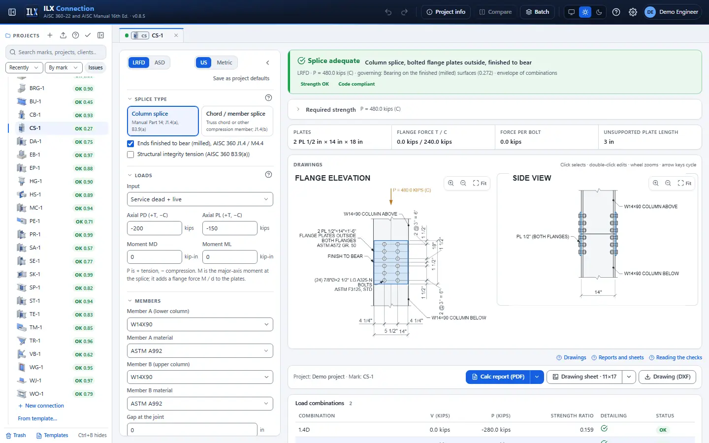 ILX Connection editor for a wide-flange compression splice connection (CS-1): inputs, design status, live checks and the connection drawing