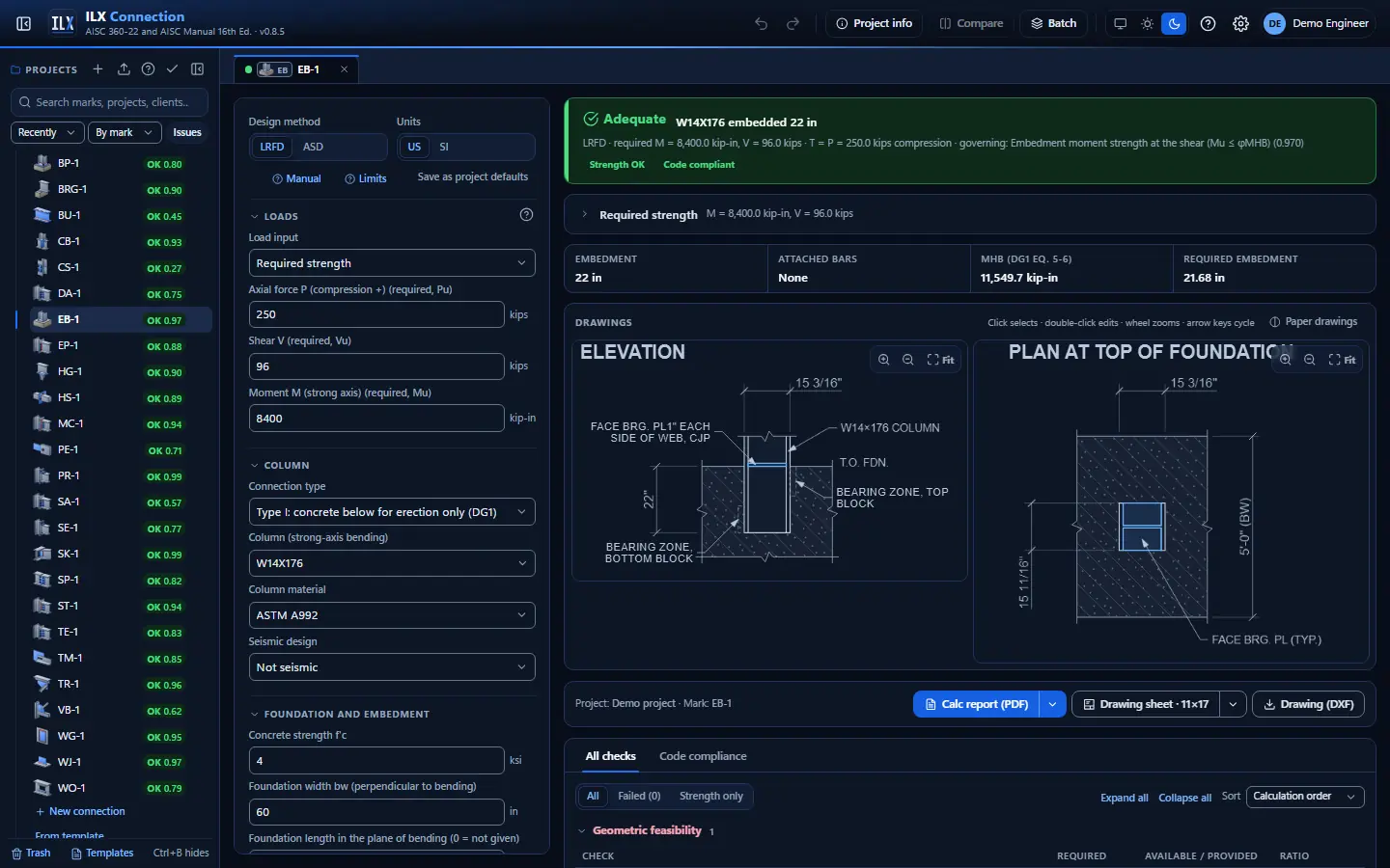 ILX Connection editor for a embedded column base connection (EB-1): inputs, design status, live checks and the connection drawing, dark theme