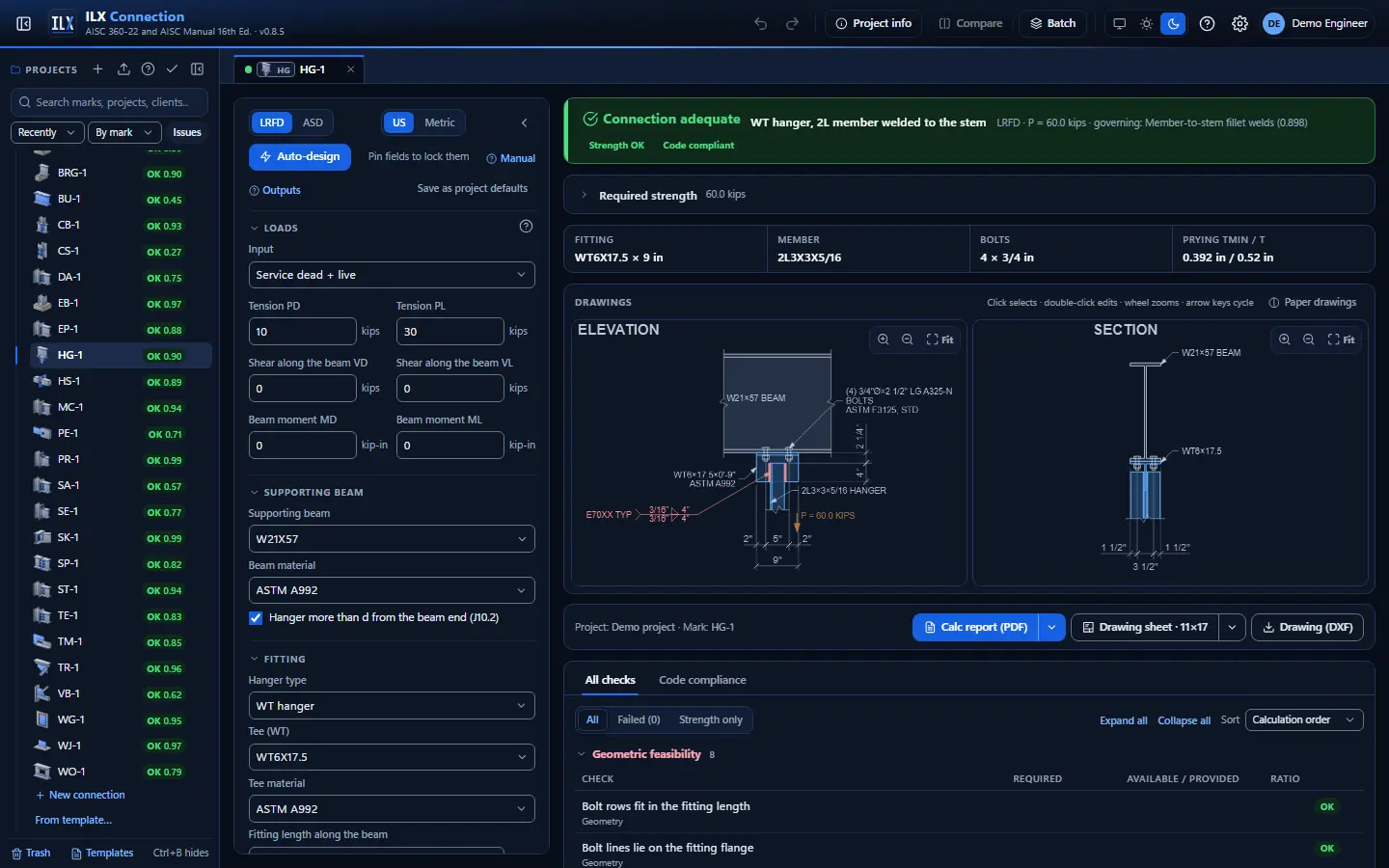 ILX Connection editor for a hanger connection connection (HG-1): inputs, design status, live checks and the connection drawing, dark theme