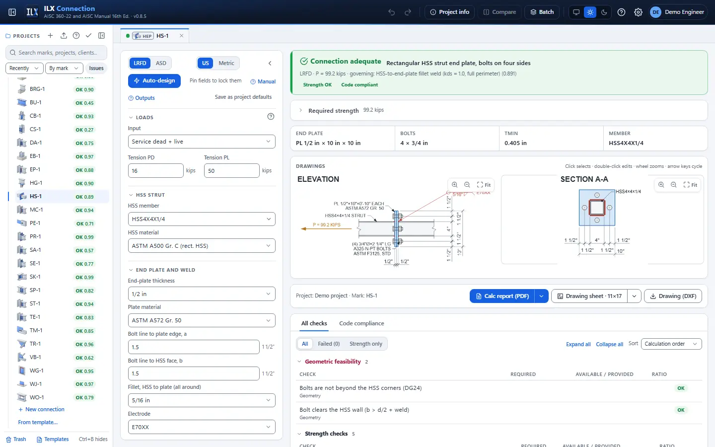 ILX Connection editor for a hss strut end plate connection (HS-1): inputs, design status, live checks and the connection drawing