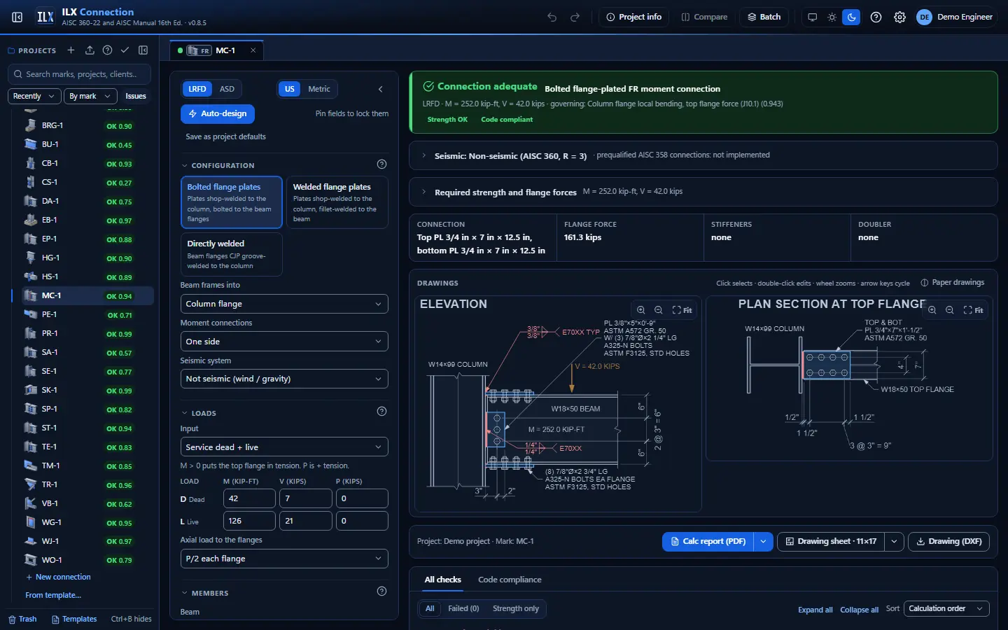 ILX Connection editor for a fr moment connection connection (MC-1): inputs, design status, live checks and the connection drawing, dark theme