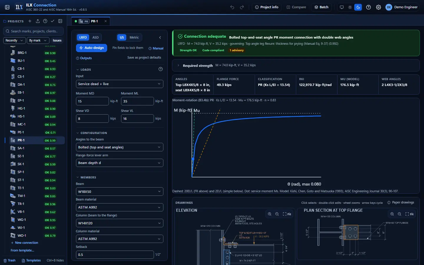 ILX Connection editor for a pr moment connection connection (PR-1): inputs, design status, live checks and the connection drawing, dark theme