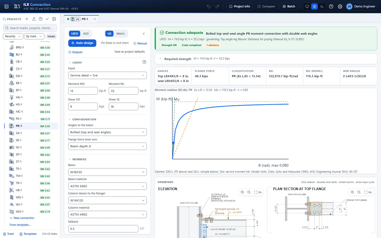 ILX Connection editor for a pr moment connection connection (PR-1): inputs, design status, live checks and the connection drawing
