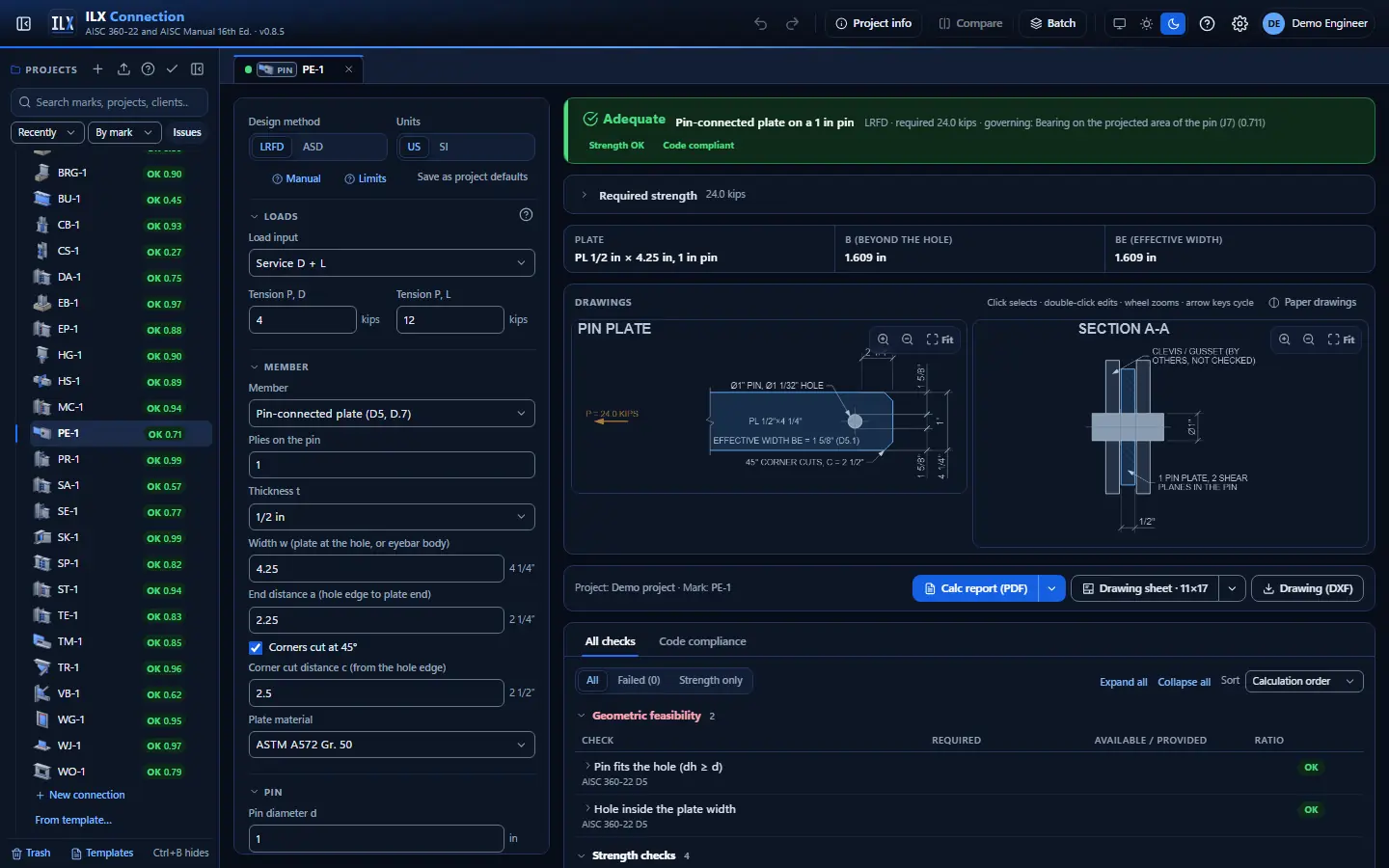 ILX Connection editor for a pin-connected member / eyebar connection (PE-1): inputs, design status, live checks and the connection drawing, dark theme