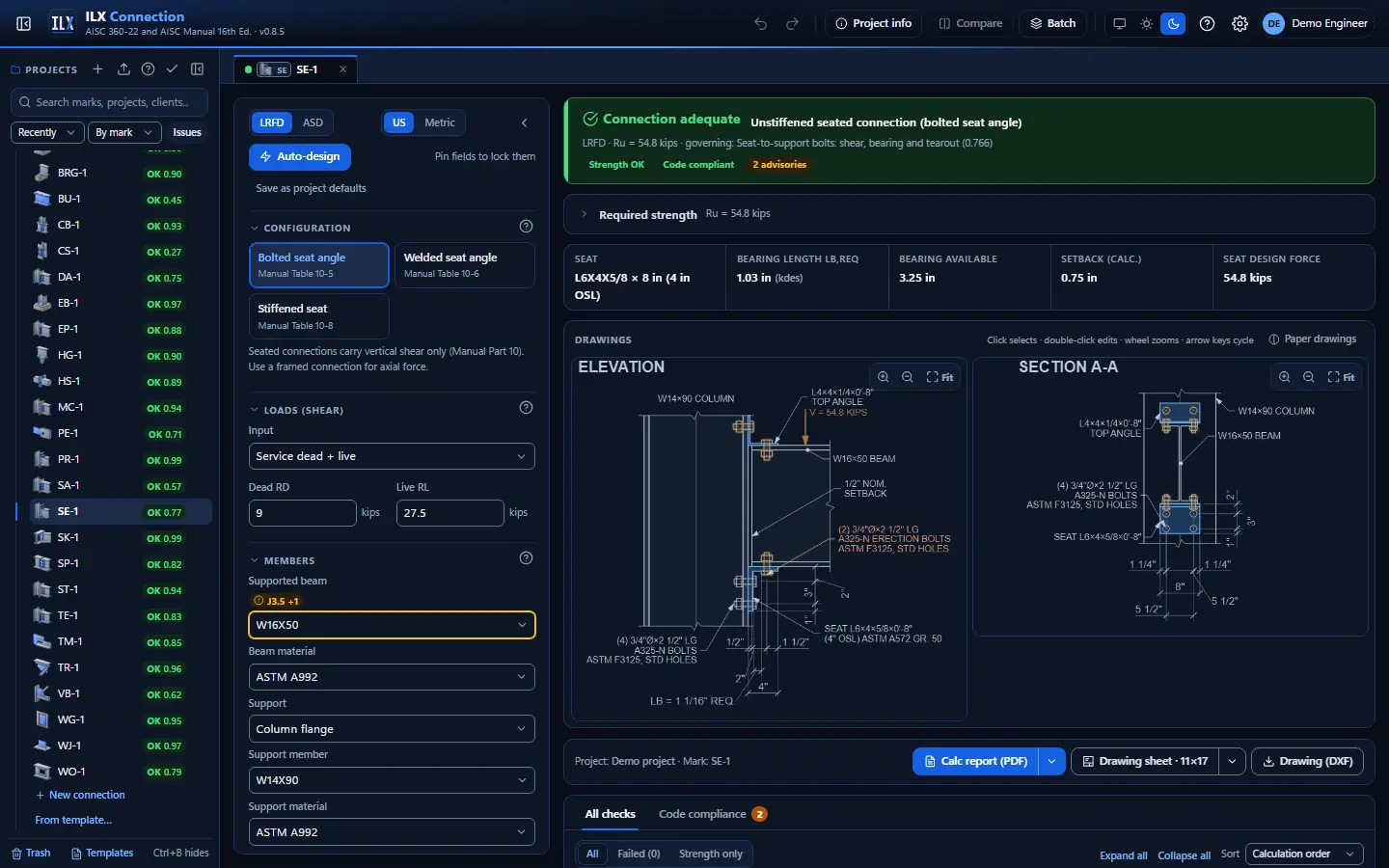 ILX Connection editor for a seated beam connection connection (SE-1): inputs, design status, live checks and the connection drawing, dark theme