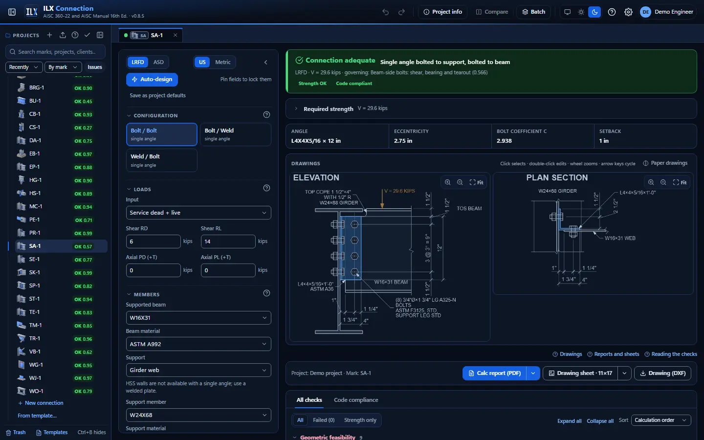 ILX Connection editor for a single-angle shear connection connection (SA-1): inputs, design status, live checks and the connection drawing, dark theme