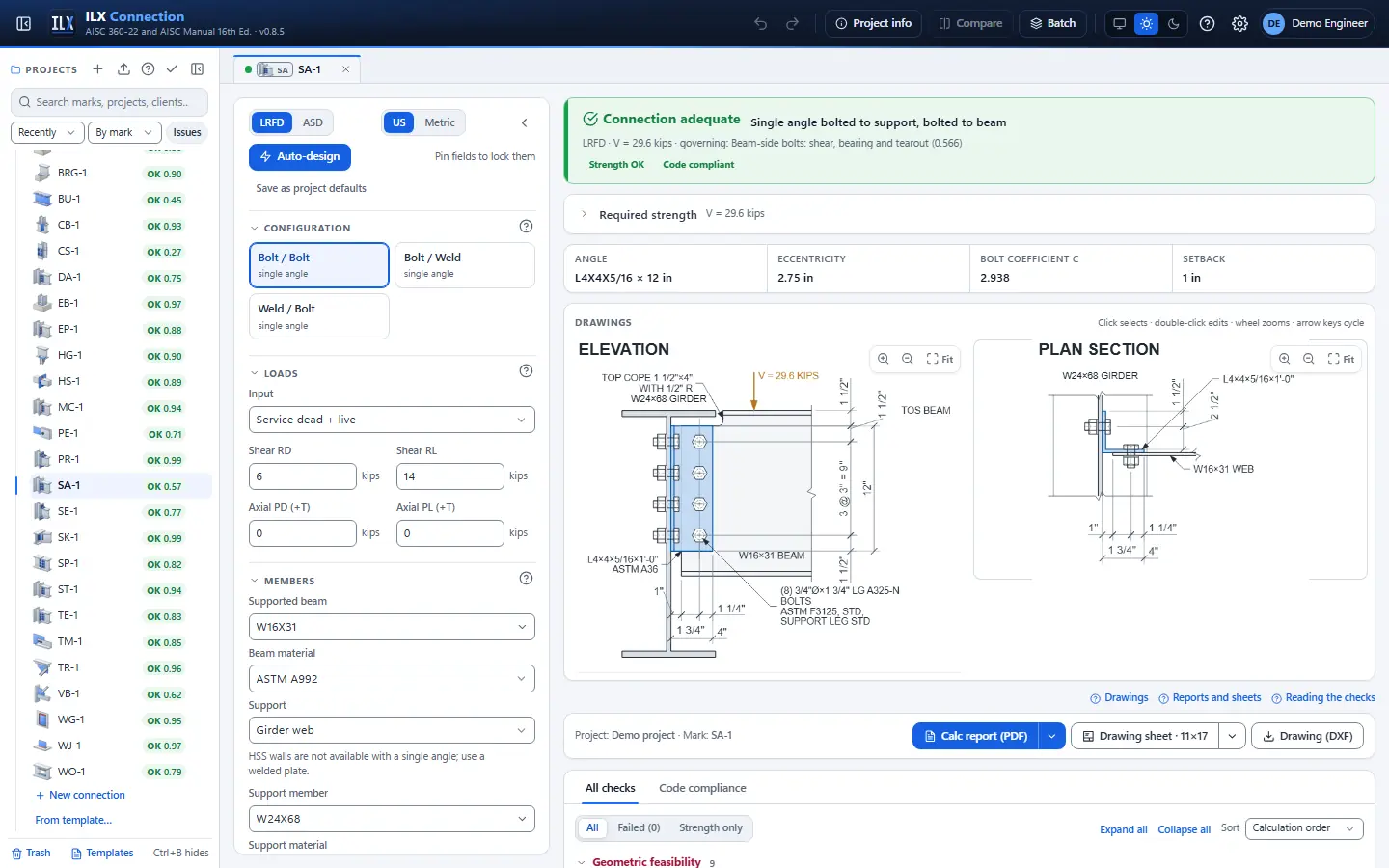 ILX Connection editor for a single-angle shear connection connection (SA-1): inputs, design status, live checks and the connection drawing