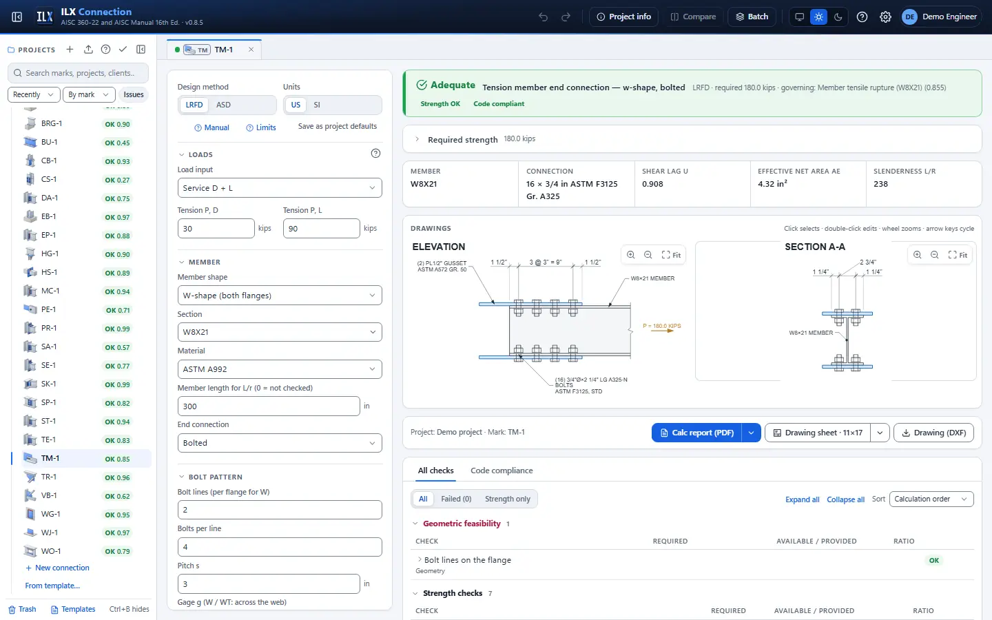 ILX Connection editor for a tension member end connection connection (TM-1): inputs, design status, live checks and the connection drawing