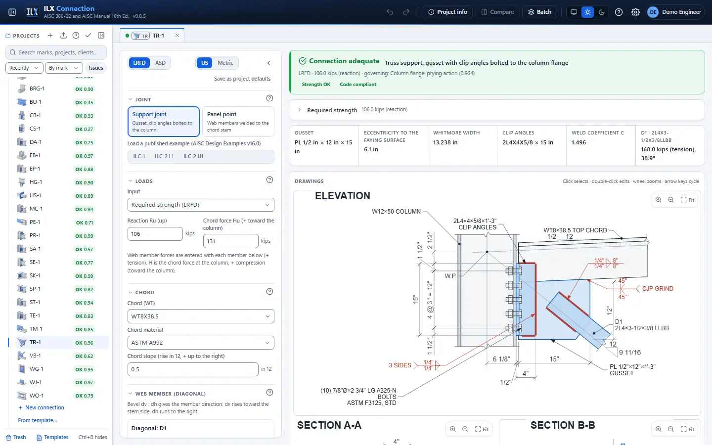 ILX Connection editor for a truss connection connection (TR-1): inputs, design status, live checks and the connection drawing