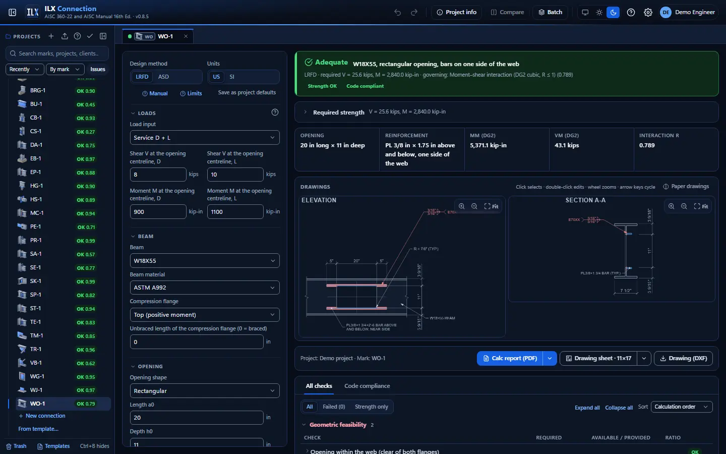 ILX Connection editor for a beam web opening connection (WO-1): inputs, design status, live checks and the connection drawing, dark theme