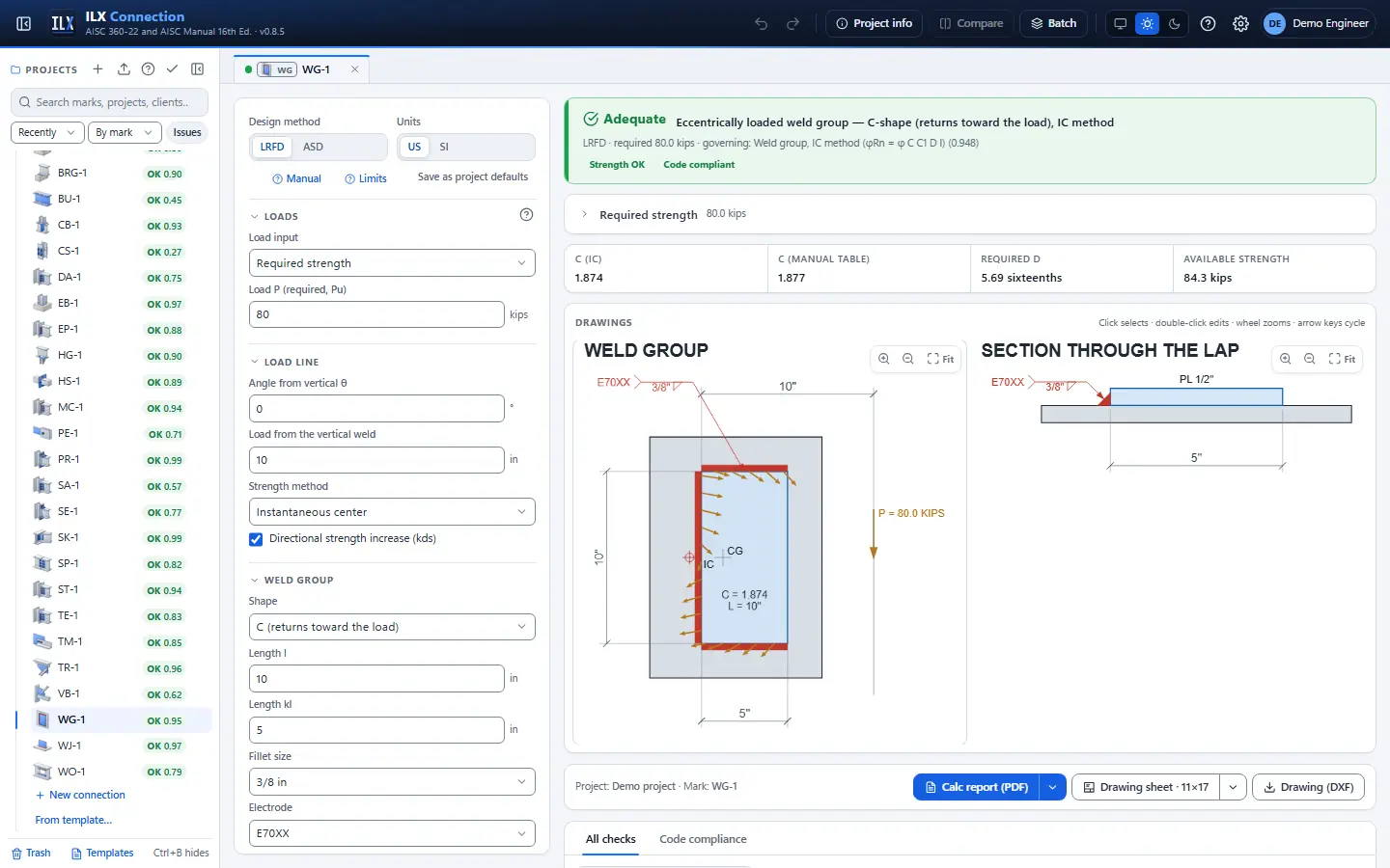 ILX Connection editor for a weld group connection (WG-1): inputs, design status, live checks and the connection drawing