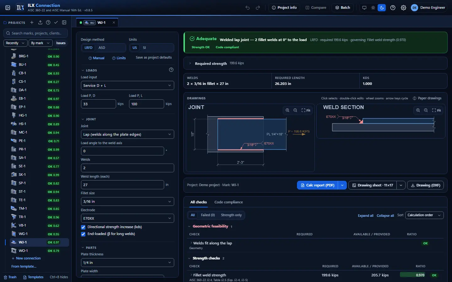 ILX Connection editor for a welded joint connection (WJ-1): inputs, design status, live checks and the connection drawing, dark theme